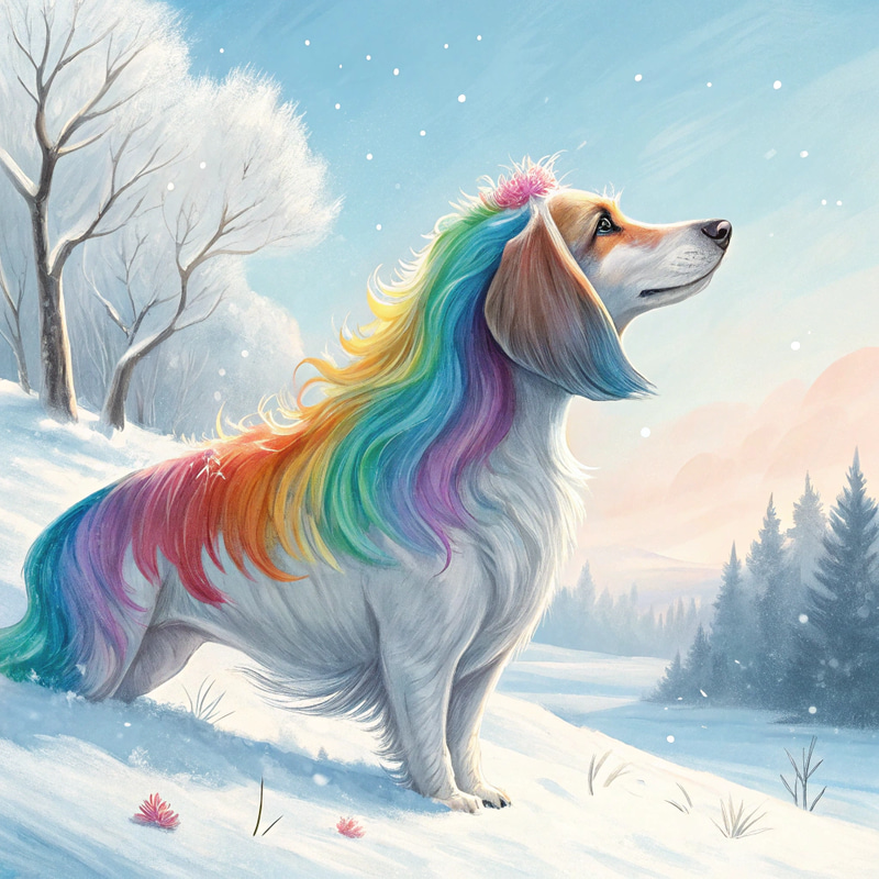 Whimsical Dog with Rainbow Hair in Winter Wonderland Whimsical Dog with Rainbow Hair in Winter Wonderland