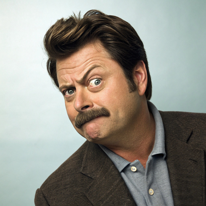 Funny Ron Swanson Portrait with Goofy Expression