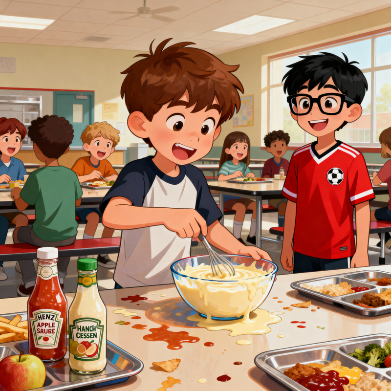 Funny Boy Mixing Sauces in Cafeteria