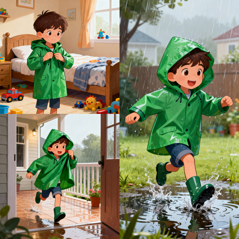 Fun Cartoon Images of a Boy in a Green Raincoat Fun Cartoon Images of a Boy in a Green Raincoat