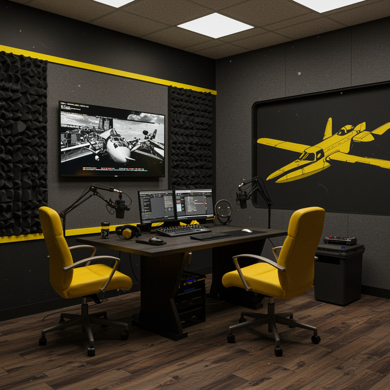 Cozy Aviation-Themed Podcast Studio Design Cozy Aviation-Themed Podcast Studio Design