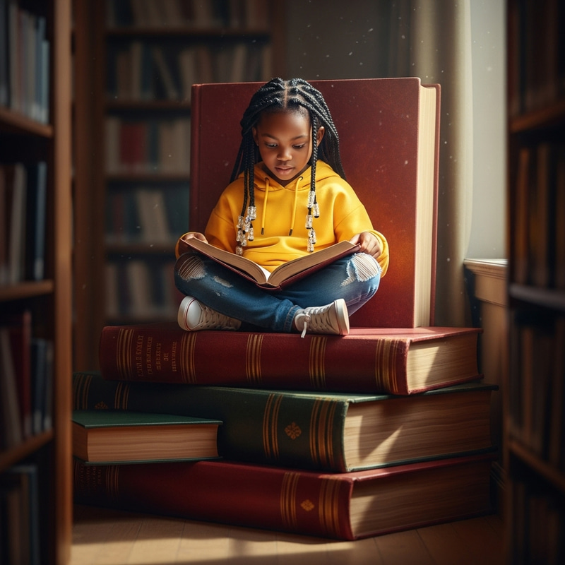 Black Girl with Braids Sitting on Books Black Girl with Braids Sitting on Books