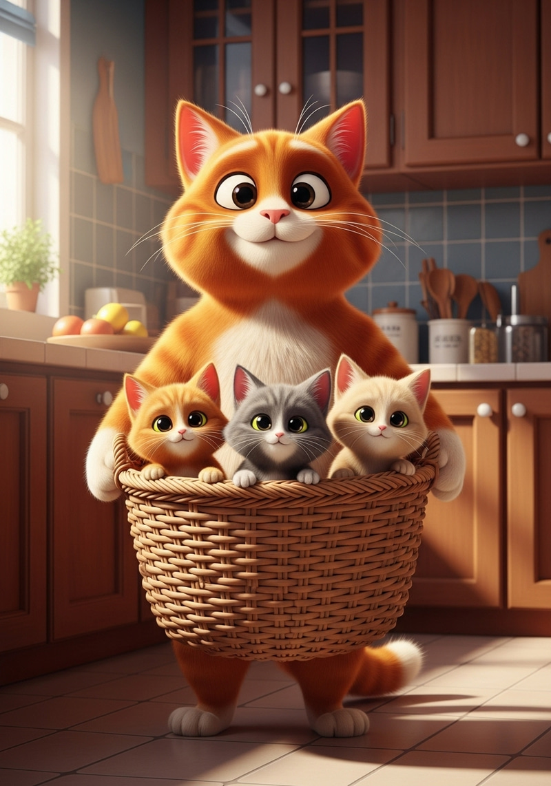 Funny 3D Orange Cat with Cute Kittens Funny 3D Orange Cat with Cute Kittens