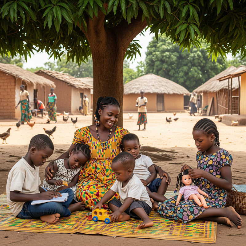 African Woman with Four Children in Village Scene African Woman with Four Children in Village Scene