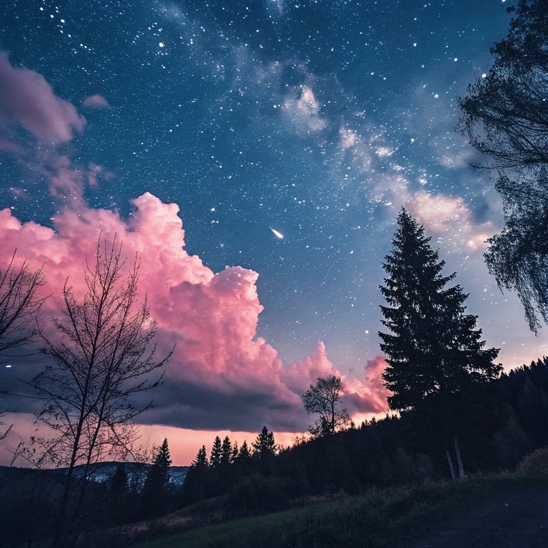 Starry Sky with Pink Clouds Landscape Starry Sky with Pink Clouds Landscape