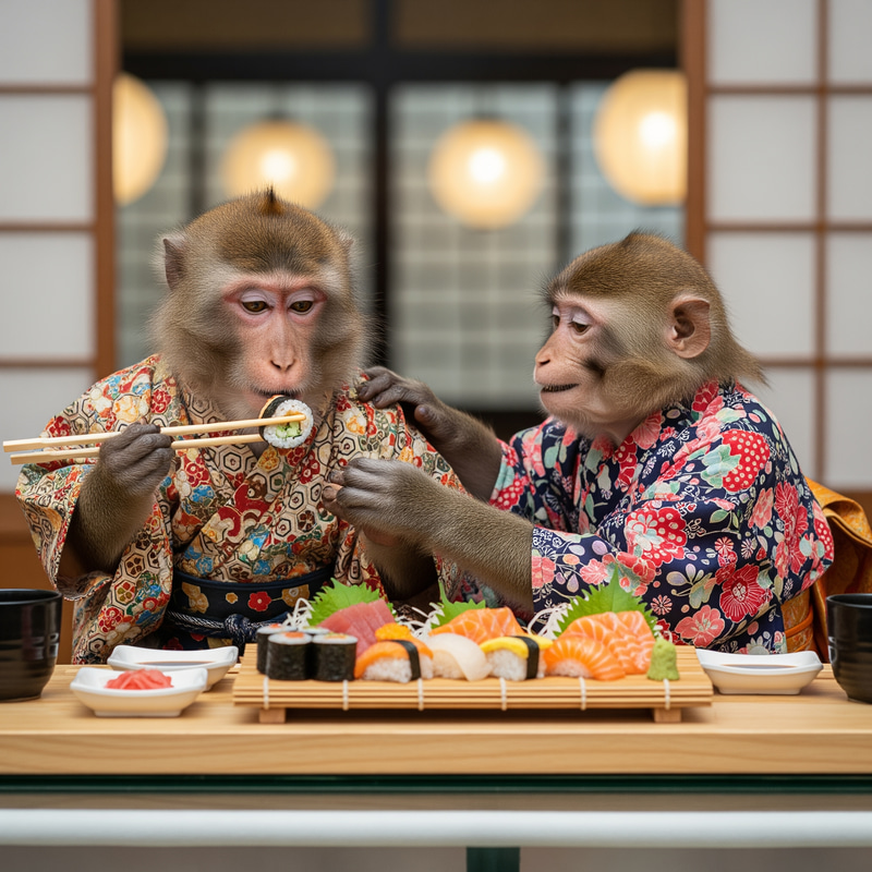 Monkey Eating Sushi with Girlfriend - Cute Scene Monkey Eating Sushi with Girlfriend - Cute Scene