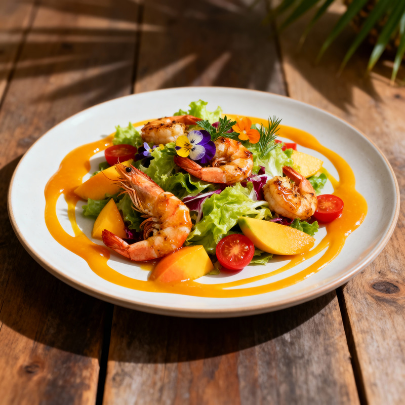 Tropical Salad with Spiced Prawns and Modelgo Coulis