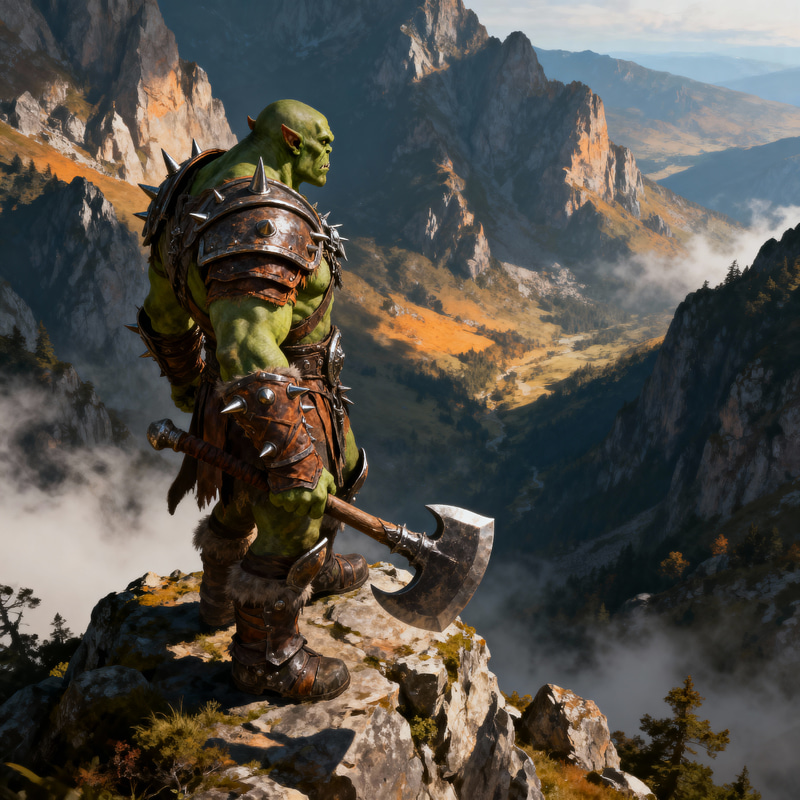 Orc Warrior Gazing Over Majestic Mountains Orc Warrior Gazing Over Majestic Mountains