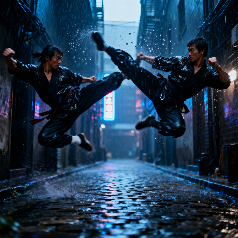 Epic Martial Arts Duel in Rain-Slicked Alley Epic Martial Arts Duel in Rain-Slicked Alley