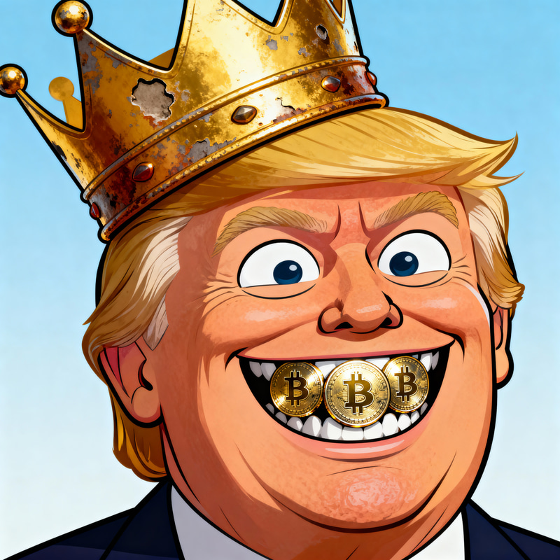 Donald Trump Caricature with Gold Crown & Bitcoin Teeth