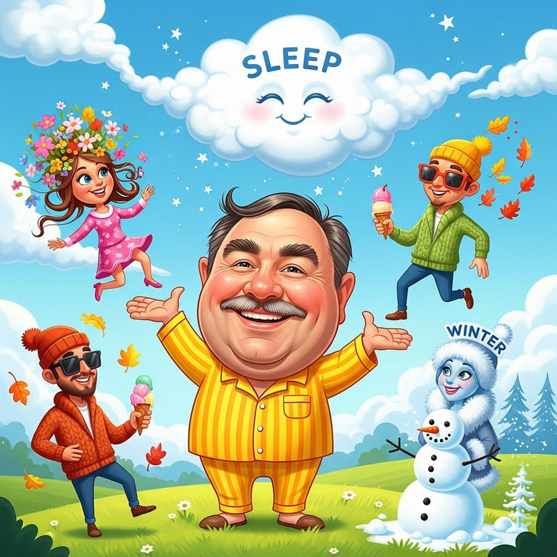 Sleep and Seasons Caricature Illustration