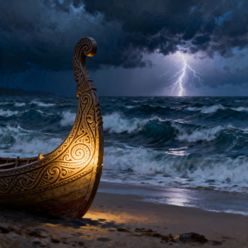 Stormy Ocean Scene with Waka Setting Sail Stormy Ocean Scene with Waka Setting Sail