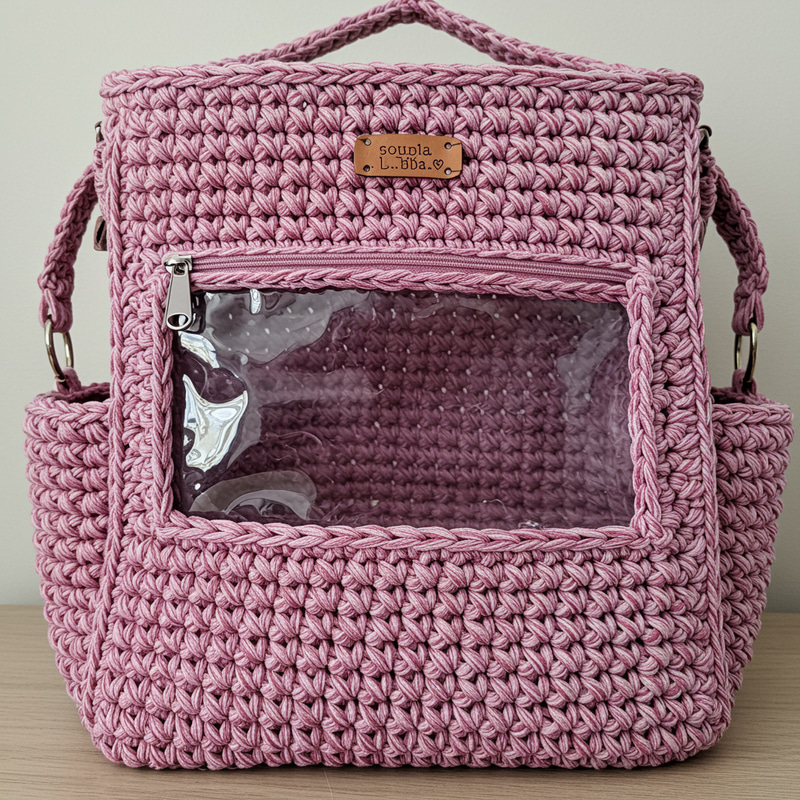 Crocheted Diaper Bag with Transparent Plastic Crocheted Diaper Bag with Transparent Plastic