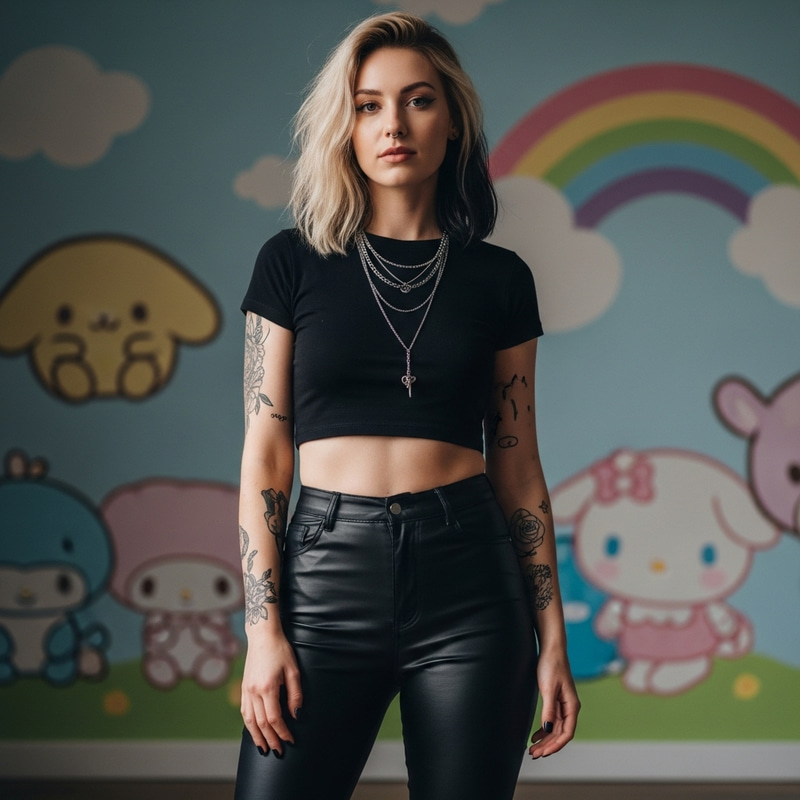 Confident Young Woman in Trendy Attire and Vivid Setting Confident Young Woman in Trendy Attire and Vivid Setting