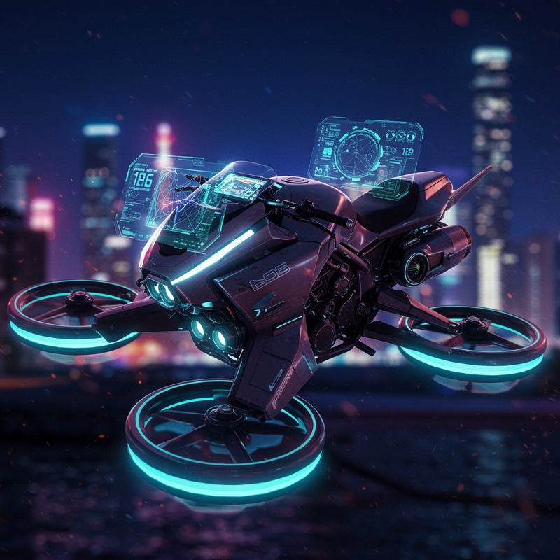Futuristic Flying Drone Motorcycle with Hologram