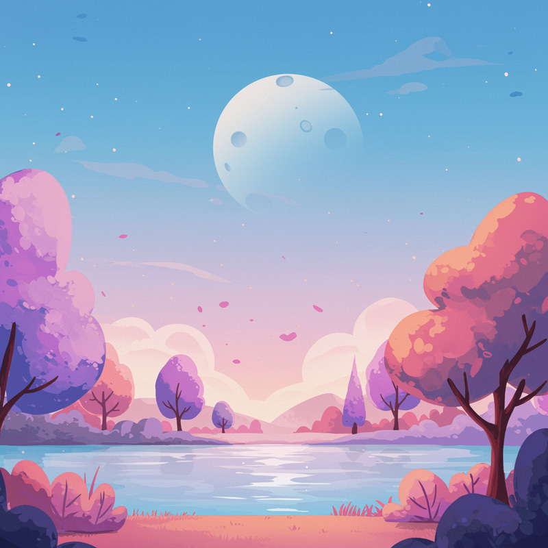 Pastel Colored 2D Animated Landscape with Lake Pastel Colored 2D Animated Landscape with Lake