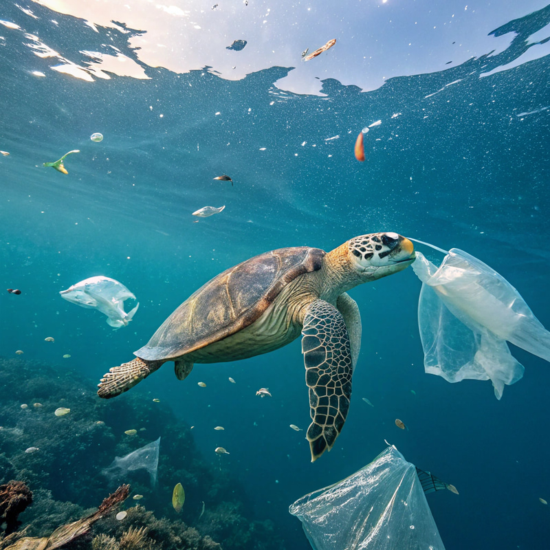 Turtle Swimming Amidst Ocean Trash Turtle Swimming Amidst Ocean Trash
