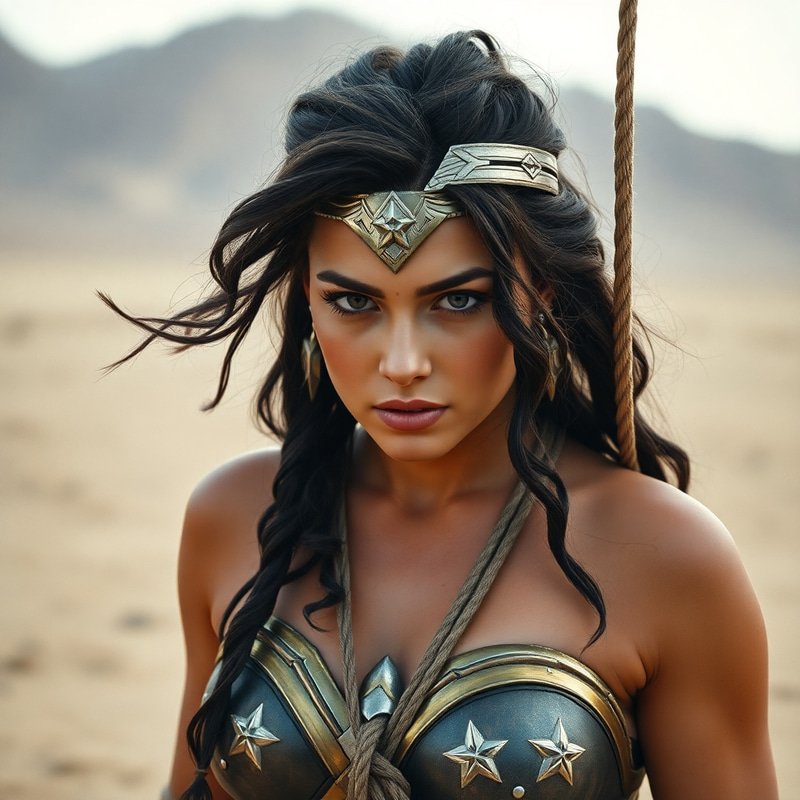 Wonder Woman Tied in Ropes in the Desert Wonder Woman Tied in Ropes in the Desert
