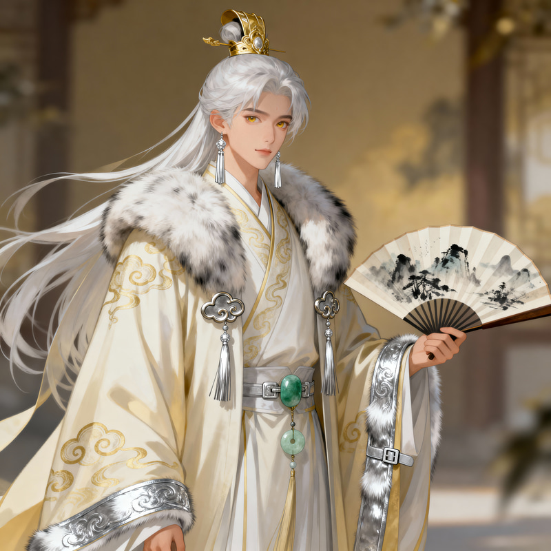 Elegant Silver-Haired Royal with Golden Crown Elegant Silver-Haired Royal with Golden Crown