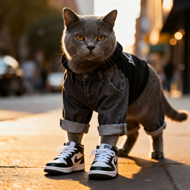 Trendy Gray Cat in Urban Outfit Trendy Gray Cat in Urban Outfit