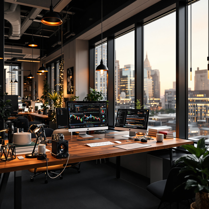 Modern Tech Office with Airy Windows & Warm Lighting Modern Tech Office with Airy Windows & Warm Lighting