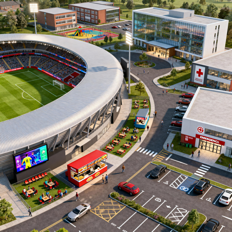 Stunning Football Stadium with Fan Zone & Facilities Stunning Football Stadium with Fan Zone & Facilities