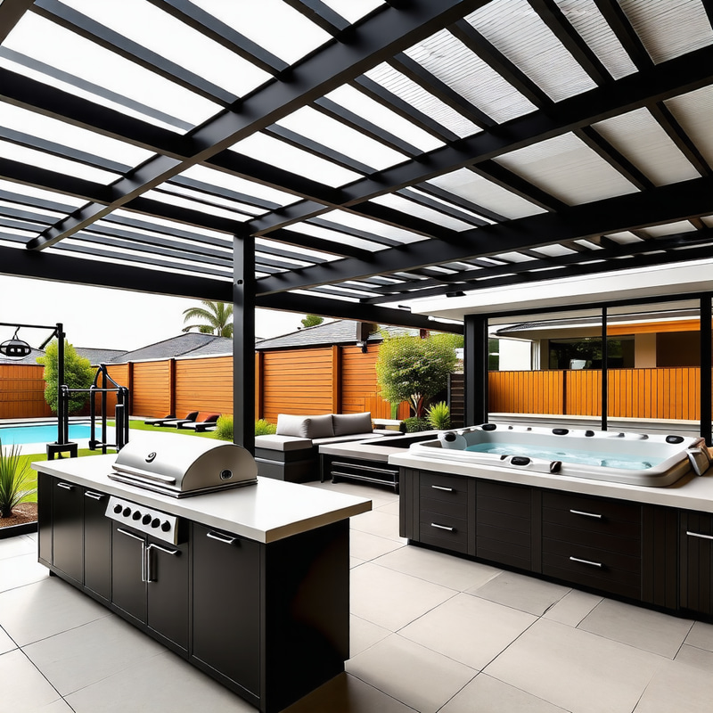Modern Backyard Patio Design with BBQ & Jacuzzi Modern Backyard Patio Design with BBQ & Jacuzzi