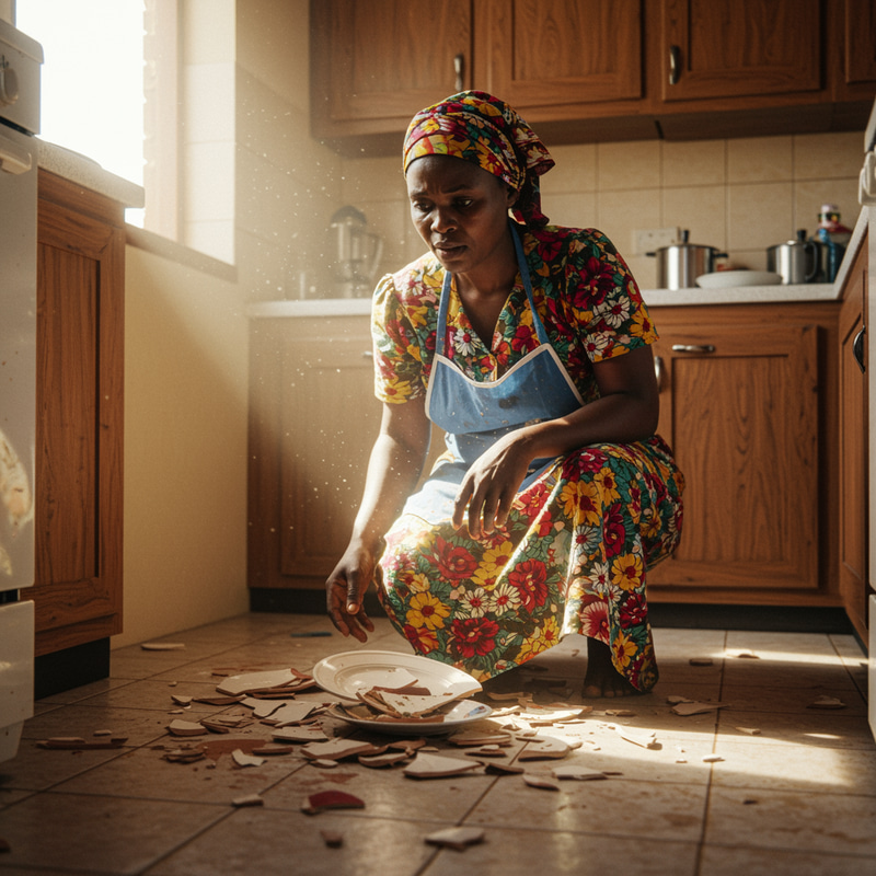 African Mother in Kitchen: A Moment of Reflection
