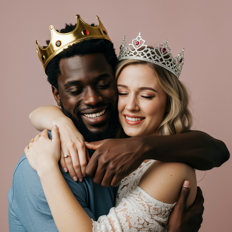 Interracial Couple Embracing with Royal Crowns Interracial Couple Embracing with Royal Crowns