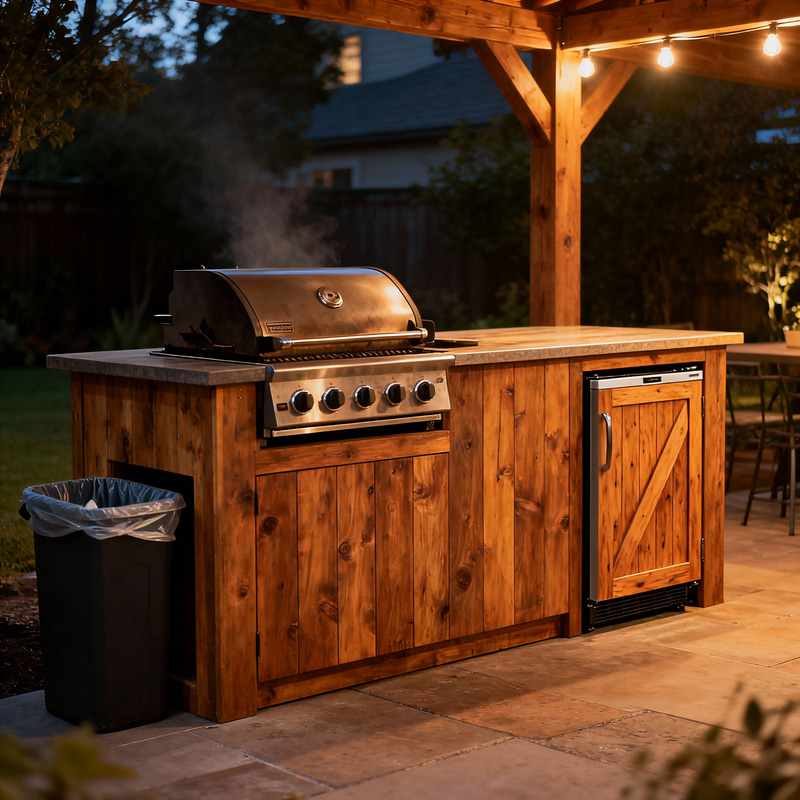 Stylish Outdoor Grill Bar with Fridge and Trash Bin