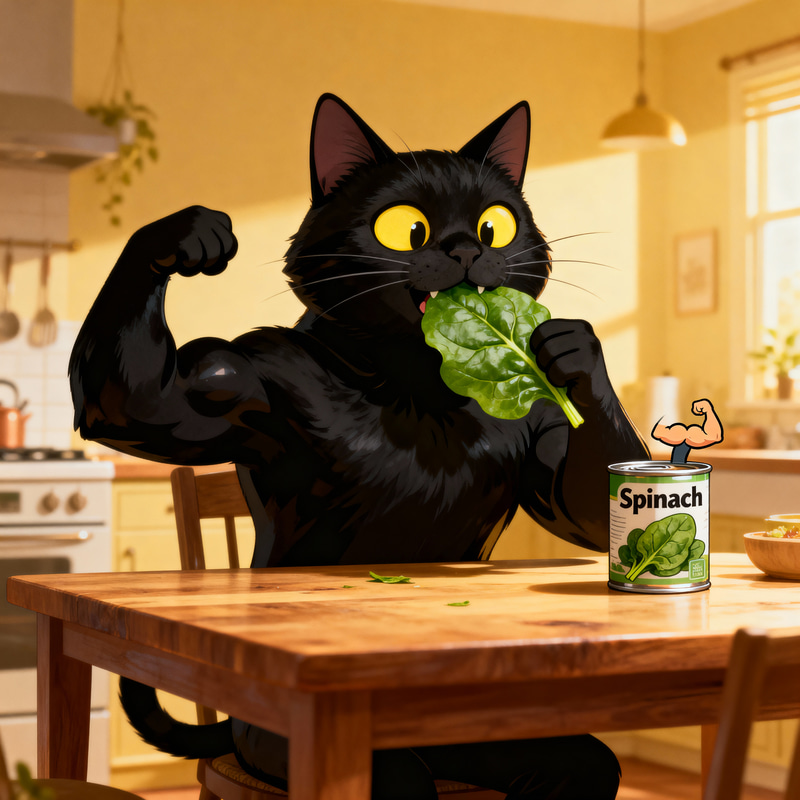 Playful Black Cat Enjoys Spinach at Kitchen Table Playful Black Cat Enjoys Spinach at Kitchen Table