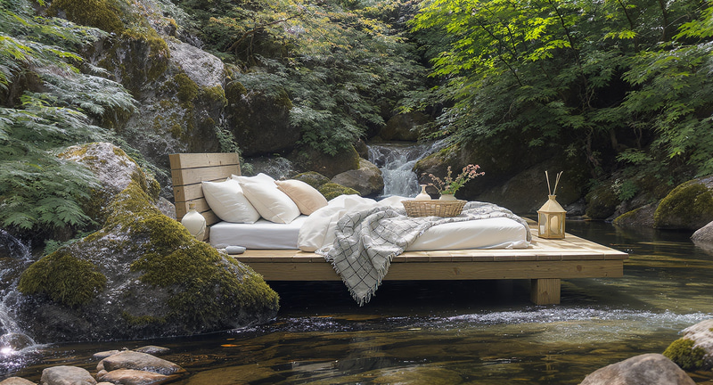 Cozy Outdoor Bed by a Babbling Brook