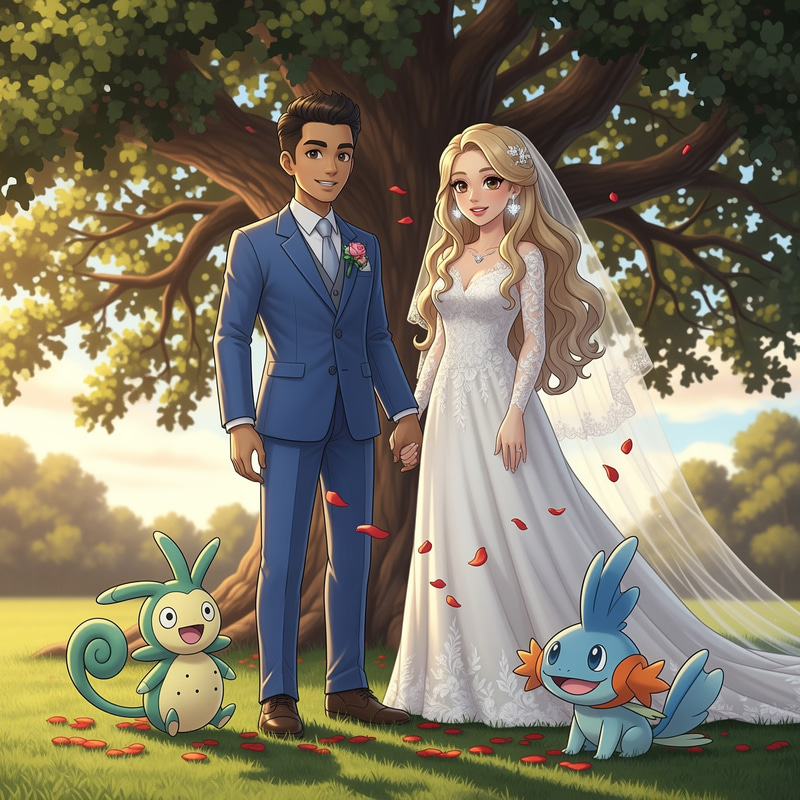 Couple with Poliwag and Mudkip: Wedding Bliss