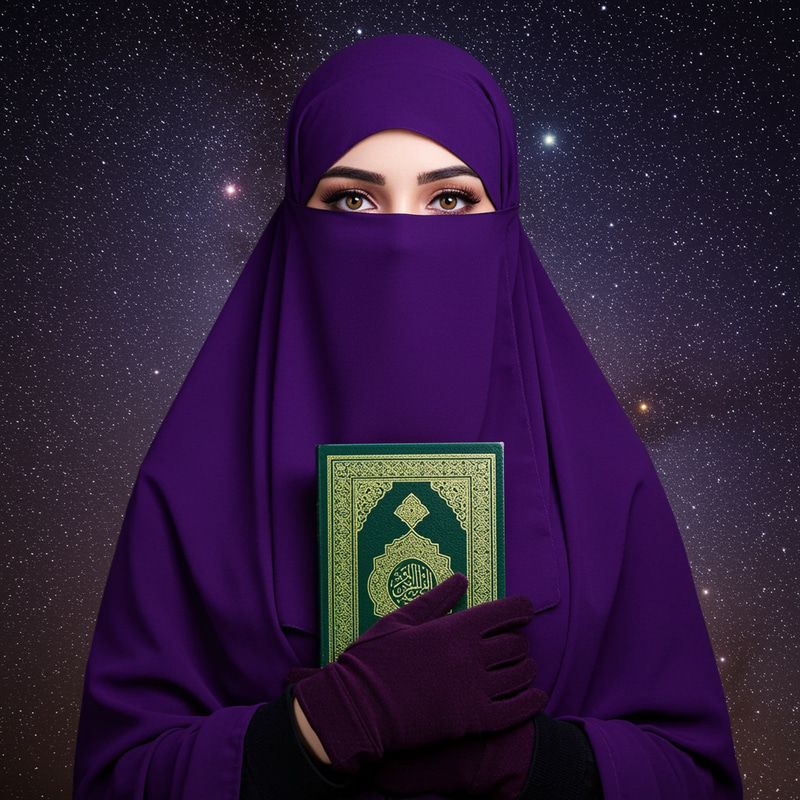 Stunning Muslim Woman in Purple Niqab and Quran Stunning Muslim Woman in Purple Niqab and Quran