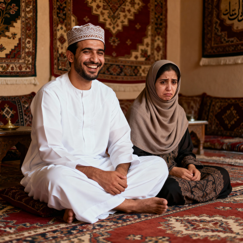 Joyful Omani Man and His Sad Wife - Cultural Portrait Joyful Omani Man and His Sad Wife - Cultural Portrait