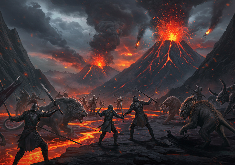 Epic Volcano Battle: Warriors vs. Mythical Beasts Epic Volcano Battle: Warriors vs. Mythical Beasts
