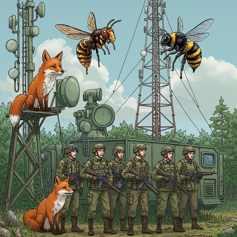 Military Scene with Fox, Hornet, and Bumblebee Military Scene with Fox, Hornet, and Bumblebee