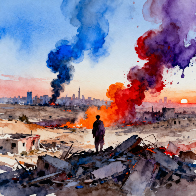 Artistic Watercolor Landscape Amidst Conflict