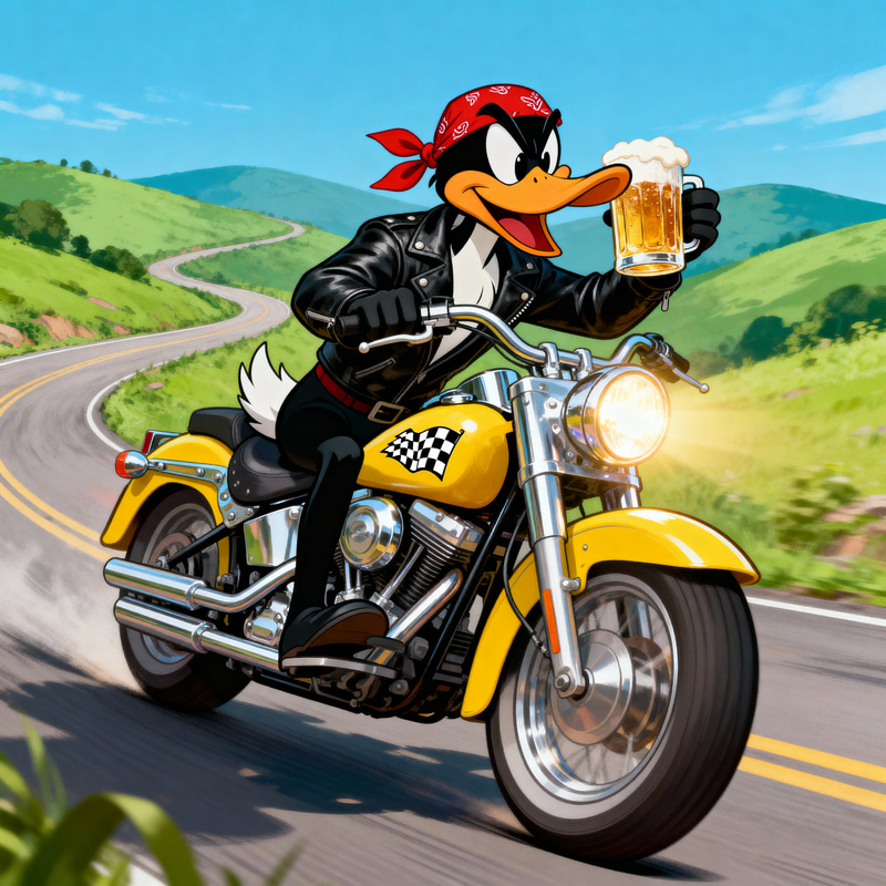 Daffy Duck on a Motorcycle: Fun & Frolicking