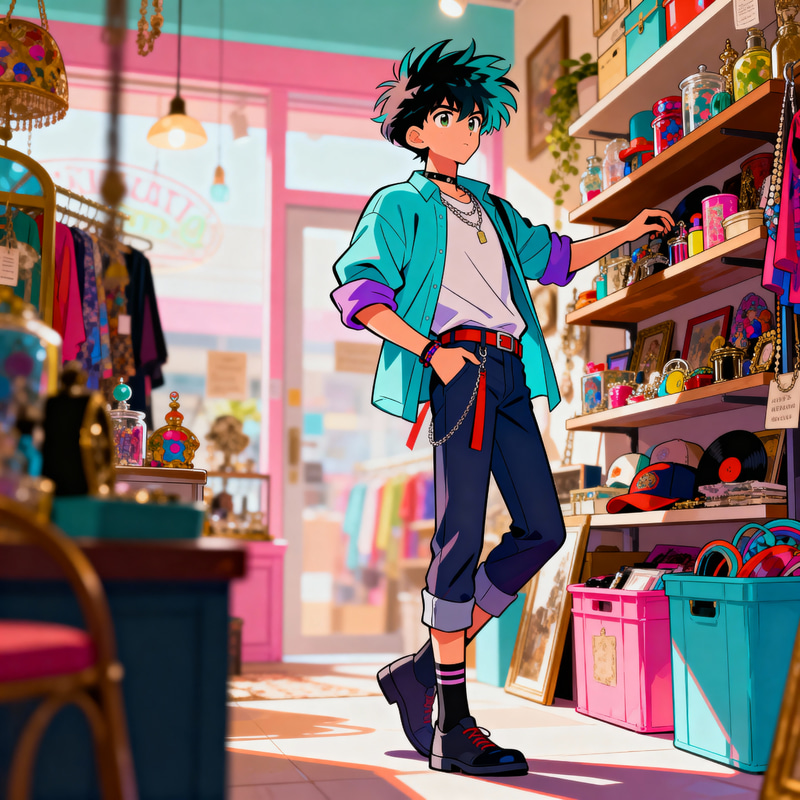 Stylish Anime Character in Eclectic Thrift Store Stylish Anime Character in Eclectic Thrift Store