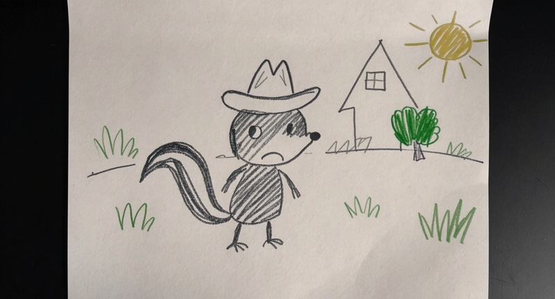 Child-Like Drawing of a Sad Skunk in Cowboy Hat