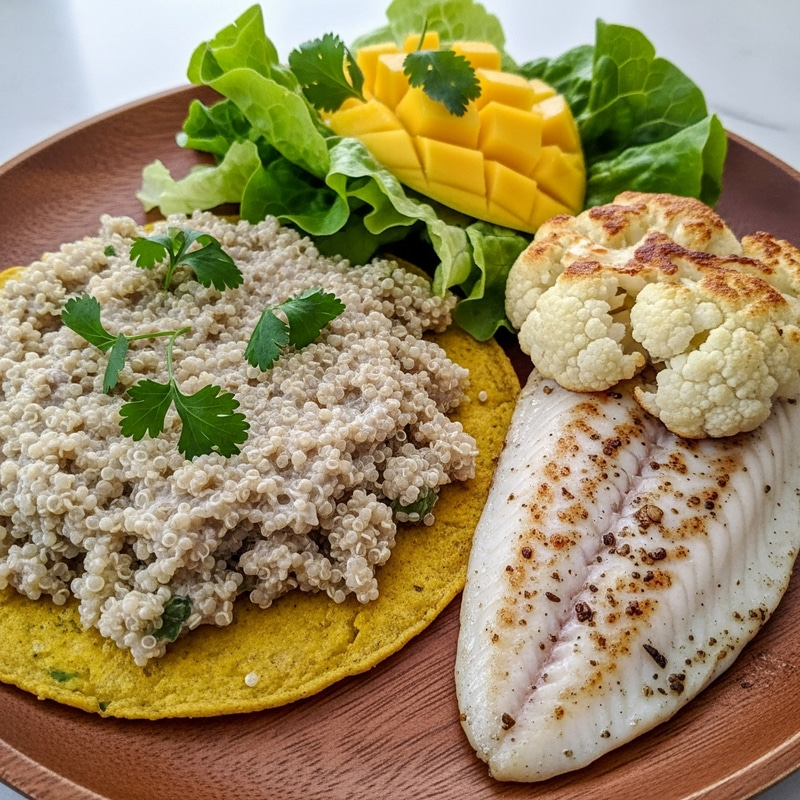 Cauliflower Tortilla with Quinoa Sauce and Tilapia Cauliflower Tortilla with Quinoa Sauce and Tilapia