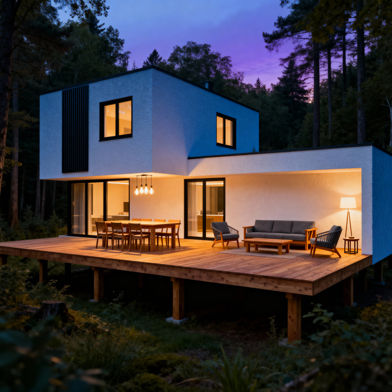 Modern Two-Story Box House with Elevated Deck
