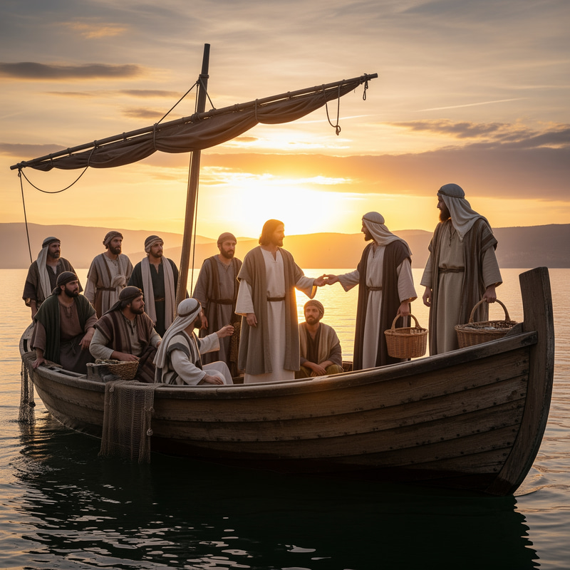 Jesus and His 12 Disciples Boarding the Boat Jesus and His 12 Disciples Boarding the Boat