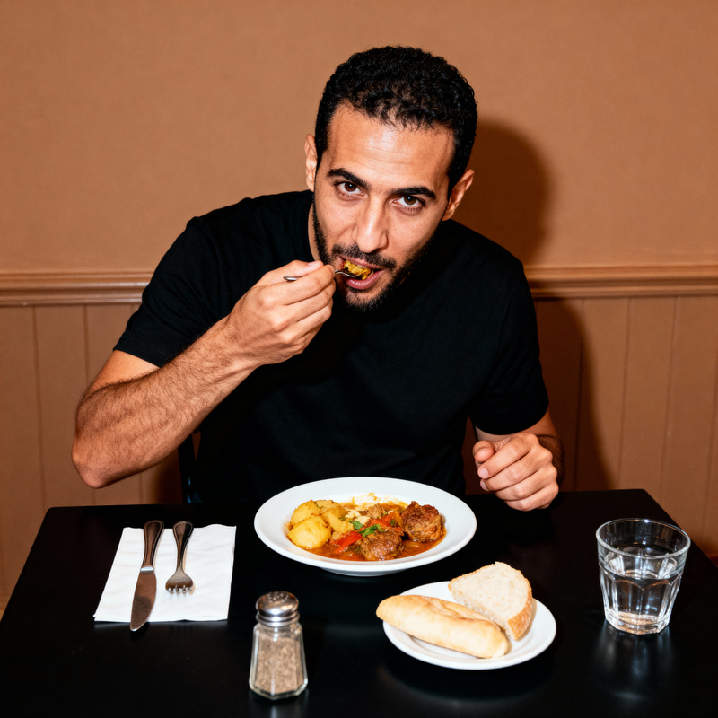Abdellah Ait Boukchab Dining at a Black Table Abdellah Ait Boukchab Dining at a Black Table