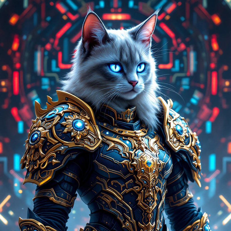 Futuristic Warrior Cat in Ornate Armor Futuristic Warrior Cat in Ornate Armor