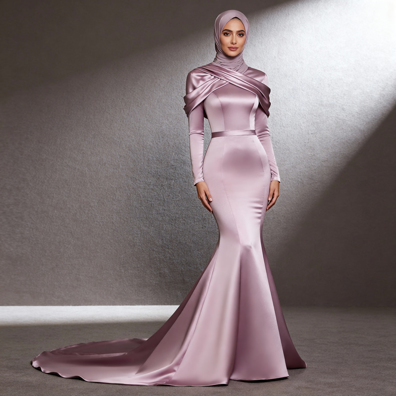 Elegant Satin Evening Gown in Pastel Mauve | Modest Style Elegant Satin Evening Gown in Pastel Mauve | Modest Style