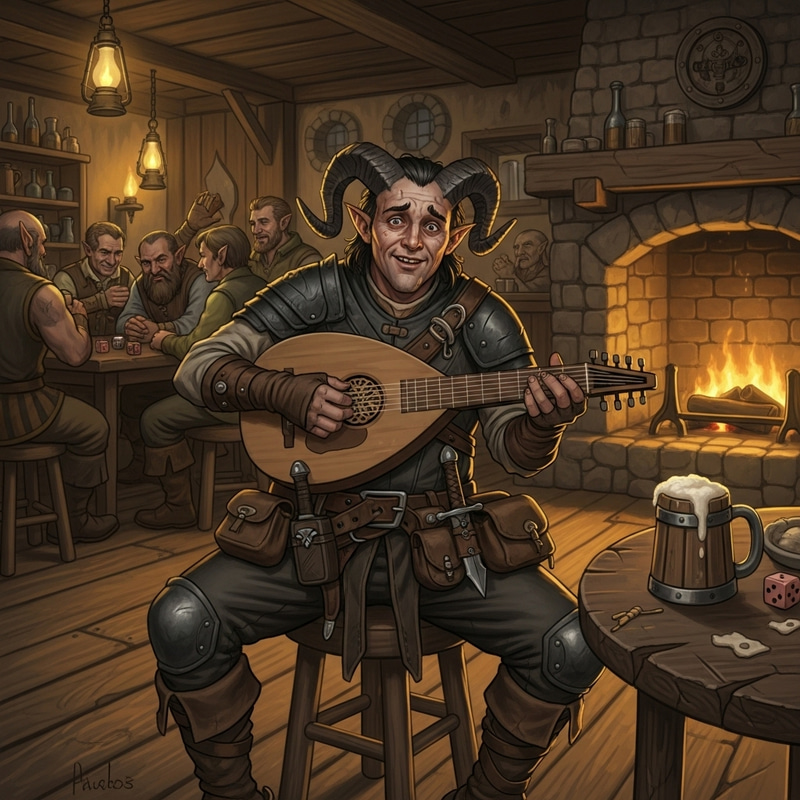 Tiefling Rogue Lute Player in Fantasy Tavern Tiefling Rogue Lute Player in Fantasy Tavern