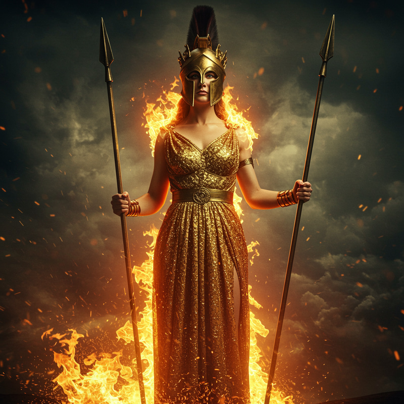 Goddess Athena in Golden Fire Dress Goddess Athena in Golden Fire Dress