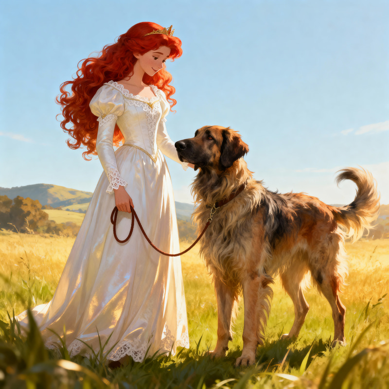 Red Haired Princess with Large Dog